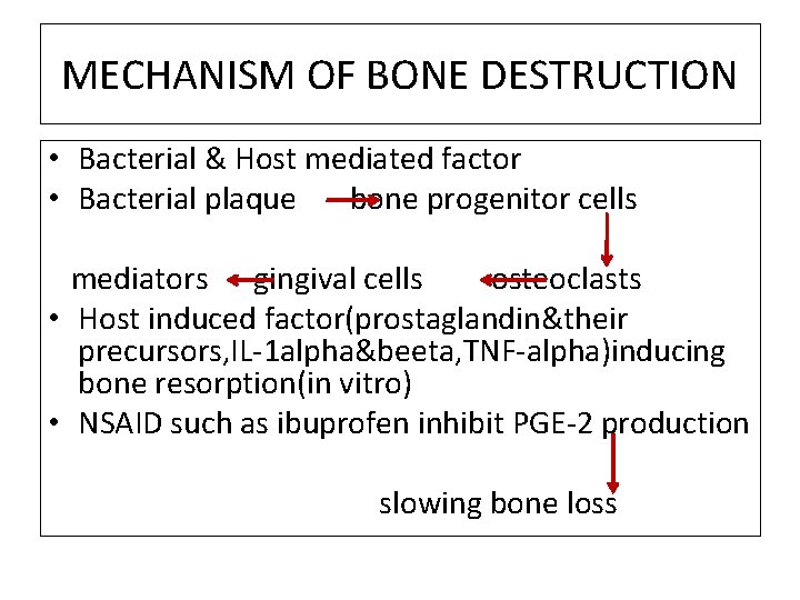 MECHANISM OF BONE DESTRUCTION • Bacterial & Host mediated factor • Bacterial plaque bone
