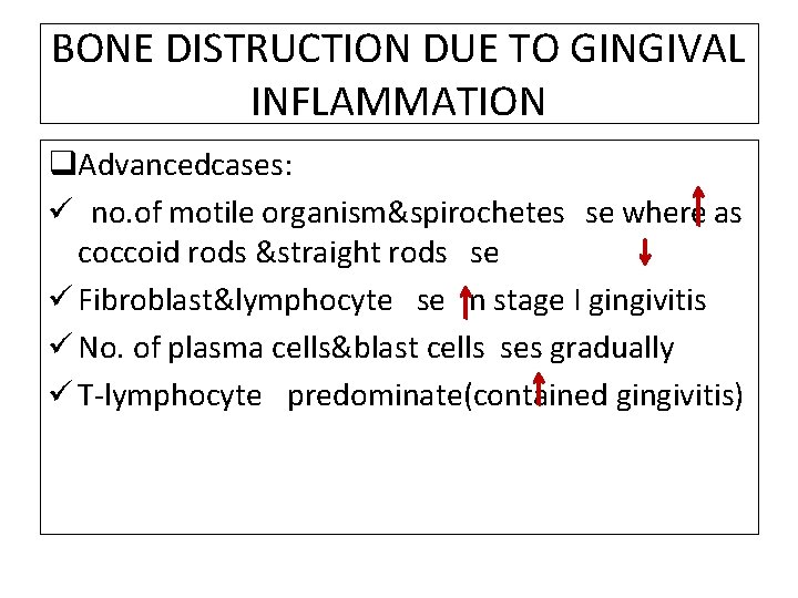 BONE DISTRUCTION DUE TO GINGIVAL INFLAMMATION q. Advancedcases: ü no. of motile organism&spirochetes se