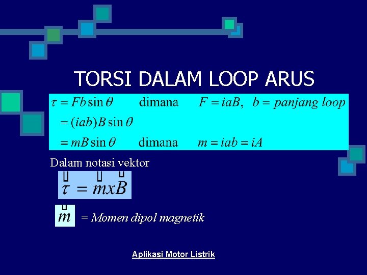 TORSI DALAM LOOP ARUS Dalam notasi vektor = Momen dipol magnetik Aplikasi Motor Listrik