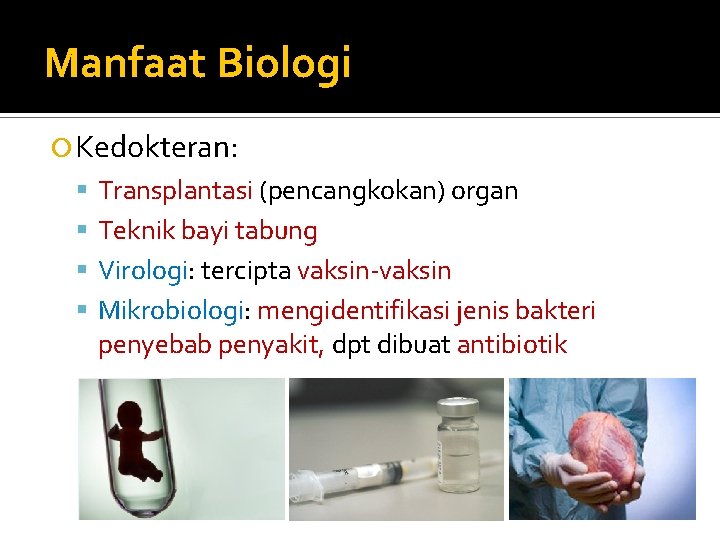 Manfaat Biologi Kedokteran: Transplantasi (pencangkokan) organ Teknik bayi tabung Virologi: tercipta vaksin-vaksin Mikrobiologi: mengidentifikasi