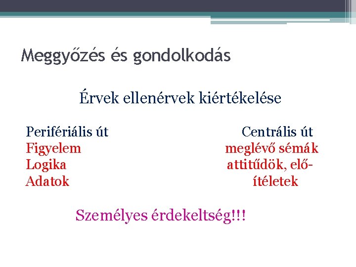 Meggyőzés és gondolkodás Érvek ellenérvek kiértékelése Perifériális út Figyelem Logika Adatok Centrális út meglévő