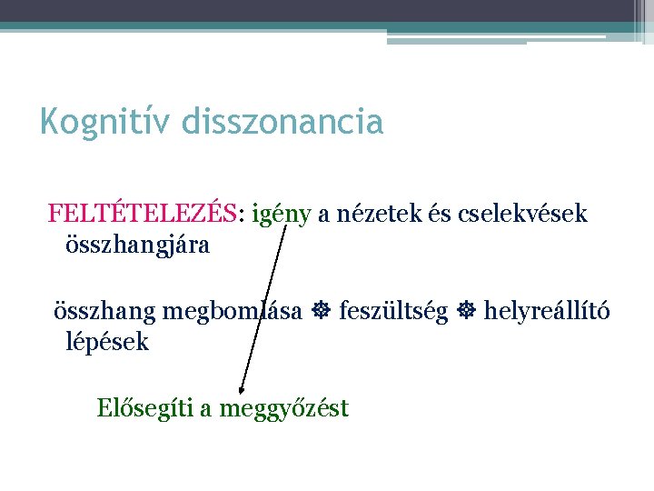 Kognitív disszonancia FELTÉTELEZÉS: igény a nézetek és cselekvések összhangjára összhang megbomlása feszültség helyreállító lépések