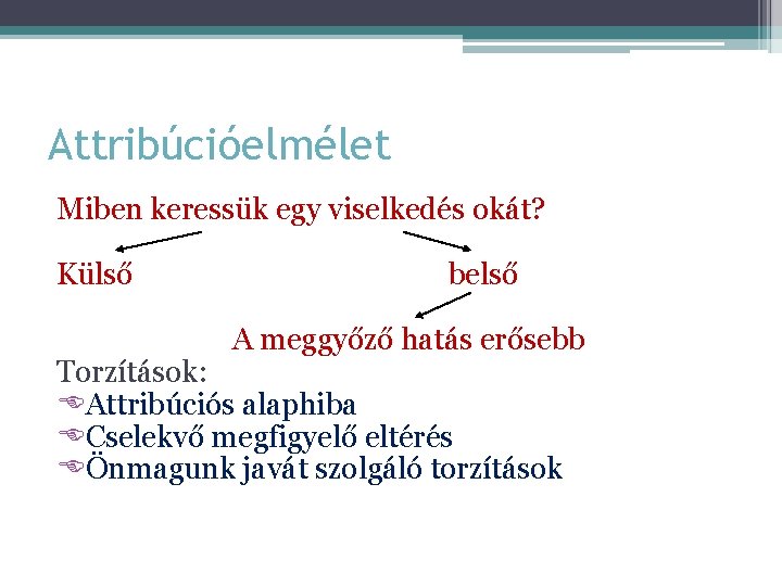 Attribúcióelmélet Miben keressük egy viselkedés okát? Külső belső A meggyőző hatás erősebb Torzítások: Attribúciós