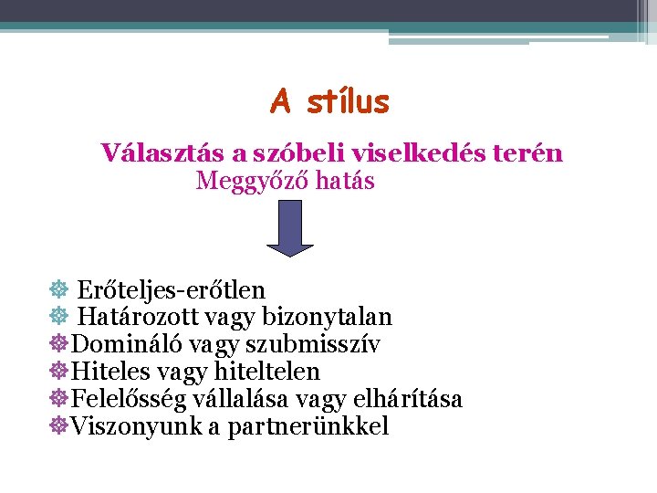 A stílus Választás a szóbeli viselkedés terén Meggyőző hatás Erőteljes-erőtlen Határozott vagy bizonytalan Domináló