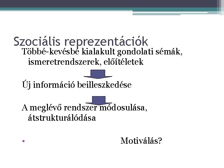 Szociális reprezentációk Többé-kevésbé kialakult gondolati sémák, ismeretrendszerek, előítéletek Új információ beilleszkedése A meglévő rendszer
