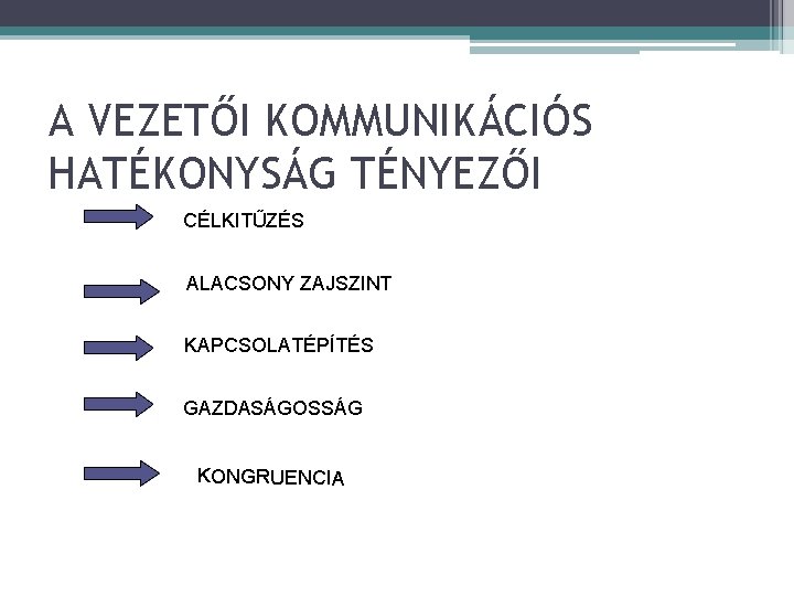 A VEZETŐI KOMMUNIKÁCIÓS HATÉKONYSÁG TÉNYEZŐI CÉLKITŰZÉS ALACSONY ZAJSZINT KAPCSOLATÉPÍTÉS GAZDASÁGOSSÁG KONGRUENCIA 