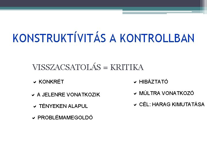 KONSTRUKTÍVITÁS A KONTROLLBAN VISSZACSATOLÁS = KRITIKA KONKRÉT A JELENRE VONATKOZIK TÉNYEKEN ALAPUL PROBLÉMAMEGOLDÓ HIBÁZTATÓ