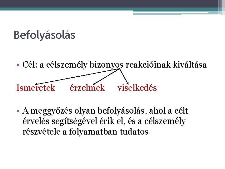 Befolyásolás • Cél: a célszemély bizonyos reakcióinak kiváltása Ismeretek érzelmek viselkedés • A meggyőzés