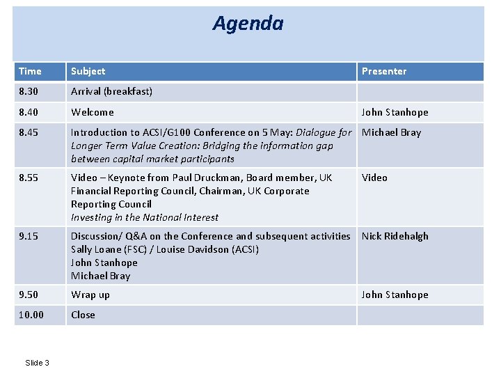 Agenda Time Subject 8. 30 Arrival (breakfast) 8. 40 Welcome 8. 45 Introduction to