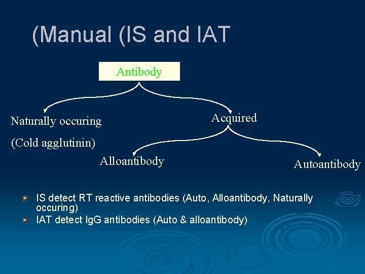 (Manual (IS and IAT Antibody Naturally occuring Acquired (Cold agglutinin) Alloantibody Autoantibody IS detect