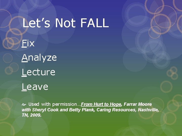 Let’s Not FALL Fix Analyze Lecture Leave Used with permission…From Hurt to Hope, Farrar