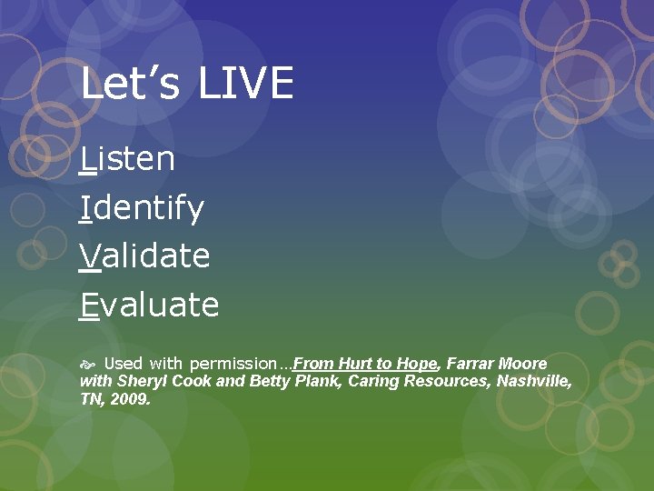 Let’s LIVE Listen Identify Validate Evaluate Used with permission…From Hurt to Hope, Farrar Moore