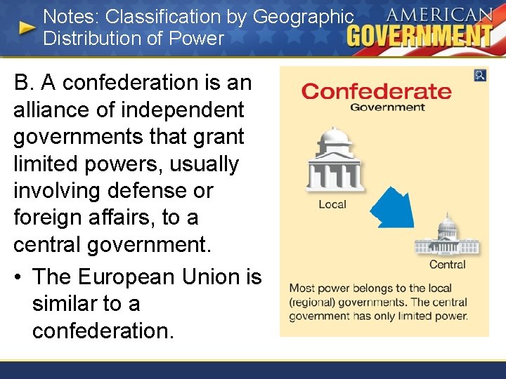 Notes: Classification by Geographic Distribution of Power B. A confederation is an alliance of