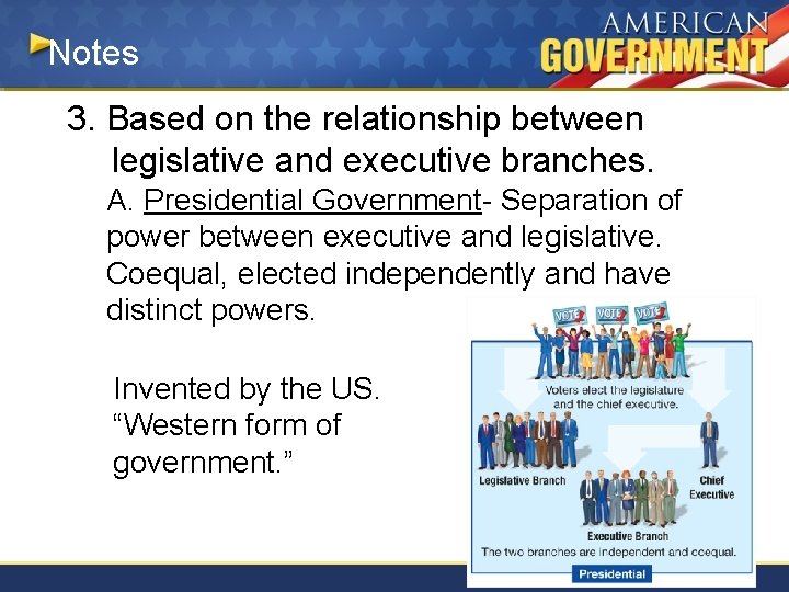 Notes 3. Based on the relationship between legislative and executive branches. A. Presidential Government-