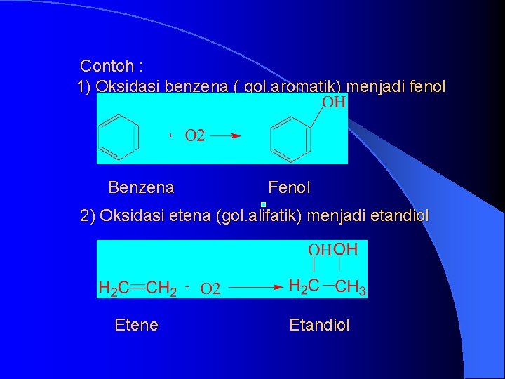 Contoh : 1) Oksidasi benzena ( gol. aromatik) menjadi fenol Benzena Fenol 2) Oksidasi