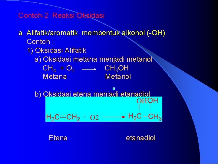 Contoh-2 Reaksi Oksidasi a. Alifatik/aromatik membentuk alkohol (-OH) Contoh : 1) Oksidasi Alifatik a)