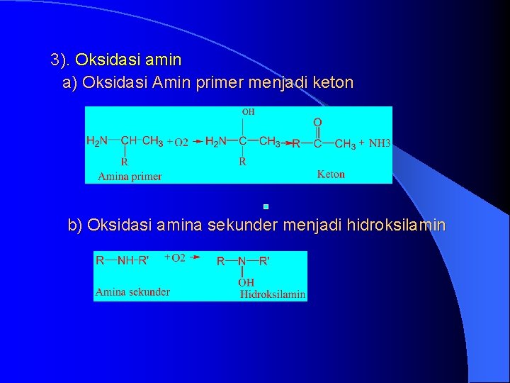 3). Oksidasi amin a) Oksidasi Amin primer menjadi keton b) Oksidasi amina sekunder menjadi
