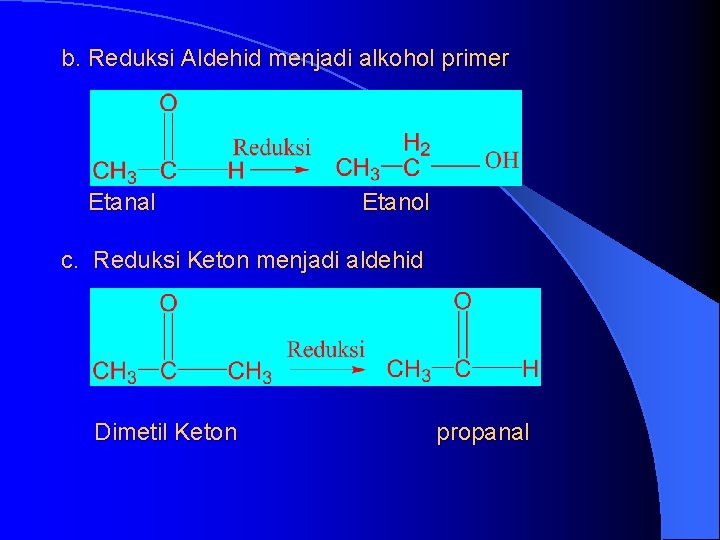 b. Reduksi Aldehid menjadi alkohol primer Etanal Etanol c. Reduksi Keton menjadi aldehid Dimetil