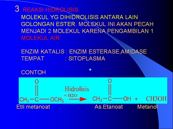 3. REAKSI HIDROLISIS MOLEKUL YG DIHIDROLISIS ANTARA LAIN GOLONGAN ESTER. MOLEKUL INI AKAN PECAH