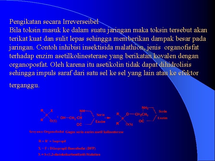 Pengikatan secara Irreverseibel Bila toksin masuk ke dalam suatu jaringan maka toksin tersebut akan