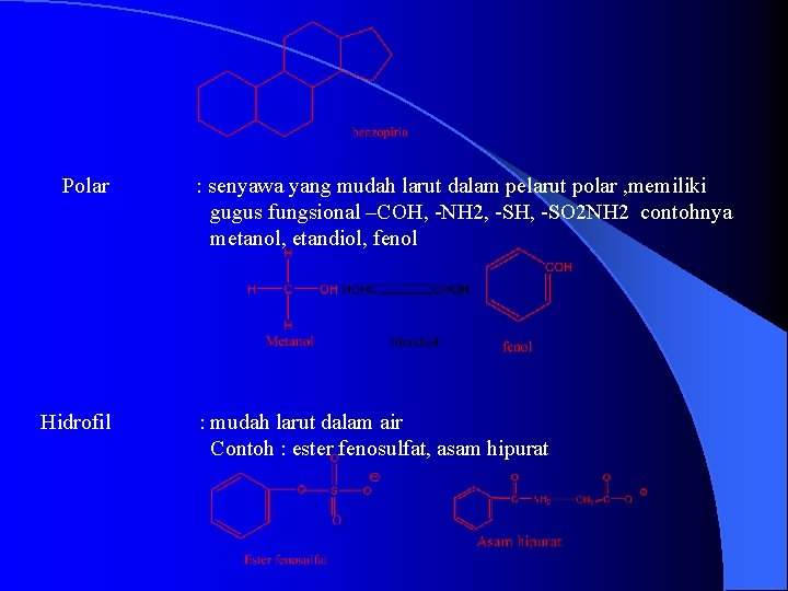 Polar Hidrofil : senyawa yang mudah larut dalam pelarut polar , memiliki gugus fungsional