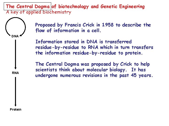 The Central Dogma of biotechnology and Genetic Engineering A key of applied biochemistry Proposed
