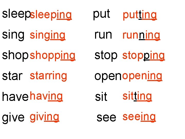 sleeping put singing running shopping stopping starring opening have having sit give giving seeing