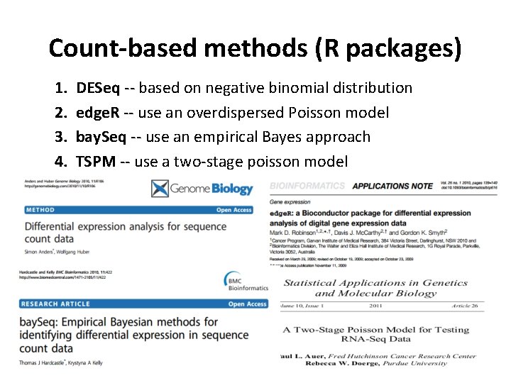 Count-based methods (R packages) 1. 2. 3. 4. DESeq -- based on negative binomial