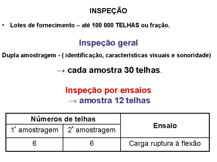 INSPEÇÃO • Lotes de fornecimento – até 100 000 TELHAS ou fração. Inspeção geral