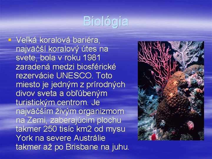 Biológia § Veľká koralová bariéra, najväčší koralový útes na svete, bola v roku 1981