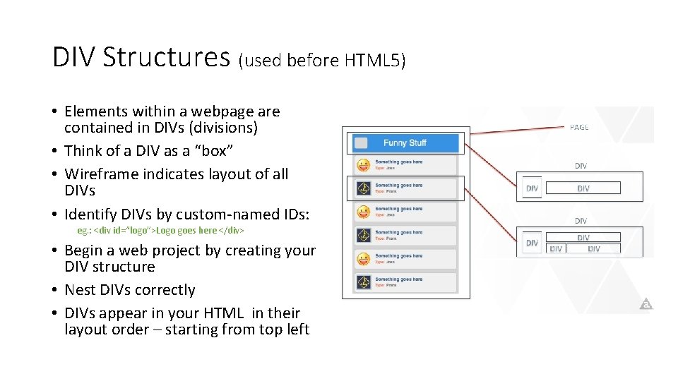 DIV Structures (used before HTML 5) • Elements within a webpage are contained in DIV Structures (used before HTML 5) • Elements within a webpage are contained in