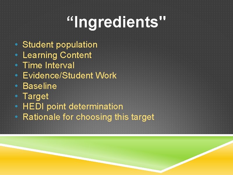 “Ingredients" • • Student population Learning Content Time Interval Evidence/Student Work Baseline Target HEDI