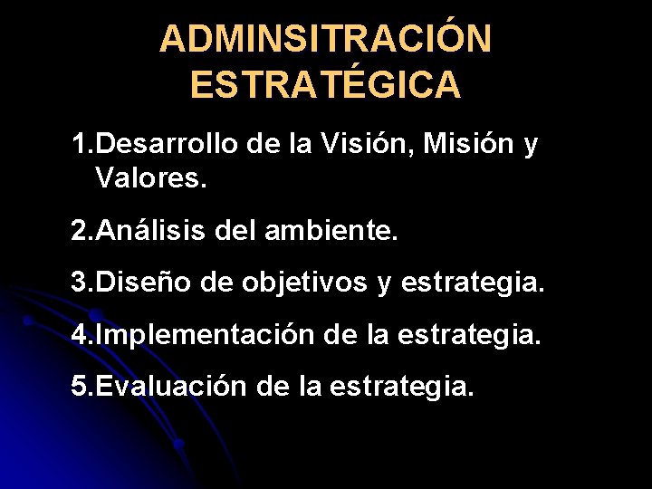 ADMINSITRACIÓN ESTRATÉGICA 1. Desarrollo de la Visión, Misión y Valores. 2. Análisis del ambiente.