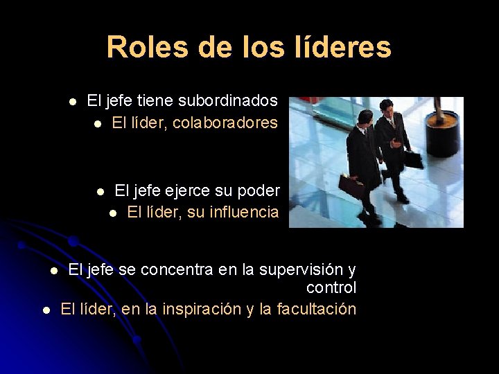 Roles de los líderes l El jefe tiene subordinados l El líder, colaboradores l