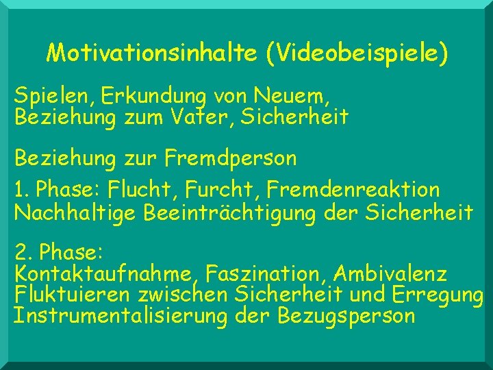 Motivationsinhalte (Videobeispiele) Spielen, Erkundung von Neuem, Beziehung zum Vater, Sicherheit Beziehung zur Fremdperson 1.