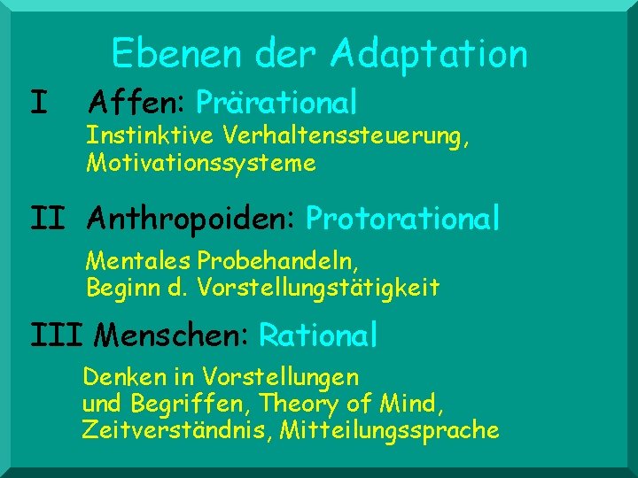 Ebenen der Adaptation I Affen: Prärational Instinktive Verhaltenssteuerung, Motivationssysteme II Anthropoiden: Protorational Mentales Probehandeln,