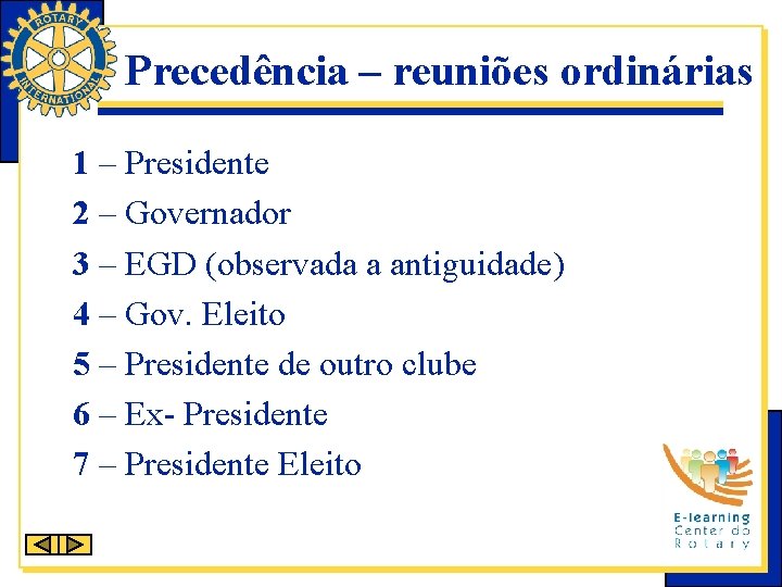 Precedência – reuniões ordinárias 1 – Presidente 2 – Governador 3 – EGD (observada