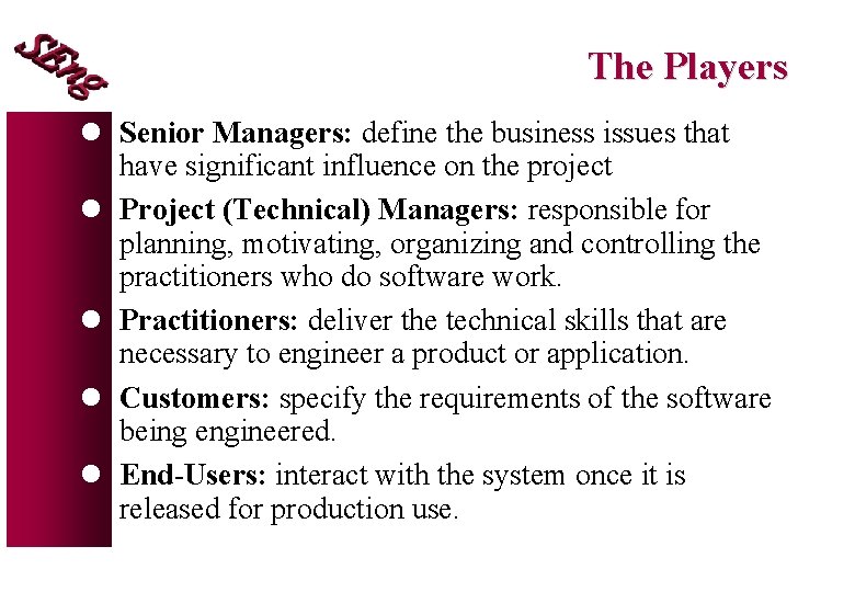 The Players l Senior Managers: define the business issues that have significant influence on The Players l Senior Managers: define the business issues that have significant influence on