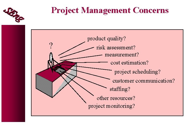Project Management Concerns ? product quality? risk assessment? measurement? cost estimation? project scheduling? customer