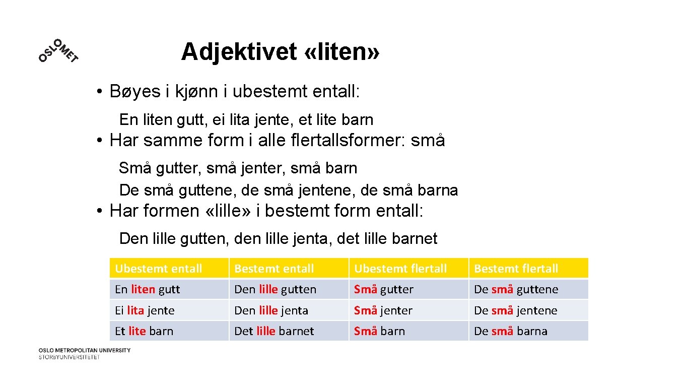 Adjektivet «liten» • Bøyes i kjønn i ubestemt entall: En liten gutt, ei lita