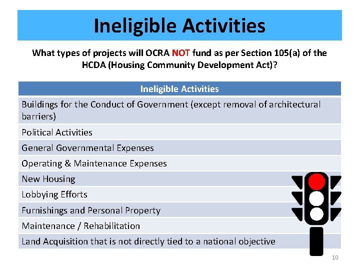 Ineligible Activities What types of projects will OCRA NOT fund as per Section 105(a)