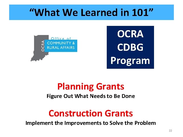 “What We Learned in 101” OCRA CDBG Program Planning Grants Figure Out What Needs