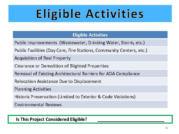 Eligible Activities Public Improvements (Wastewater, Drinking Water, Storm, etc. ) Public Facilities (Day Care,