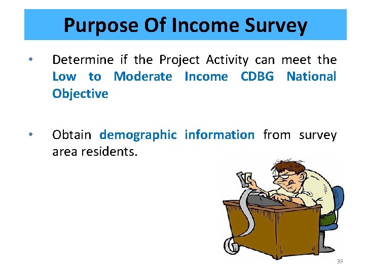 Purpose Of Income Survey • Determine if the Project Activity can meet the Low