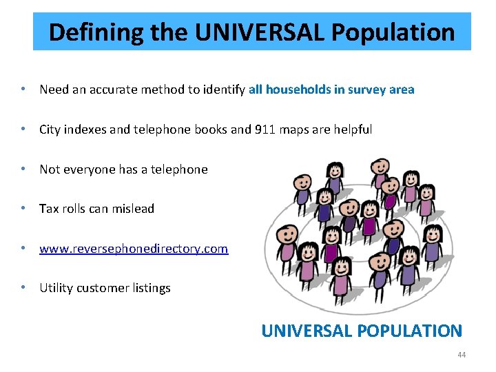 Defining the UNIVERSAL Population • Need an accurate method to identify all households in