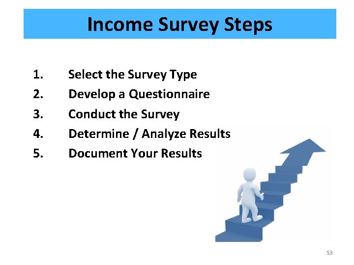 Income Survey Steps 1. 2. 3. 4. 5. Select the Survey Type Develop a