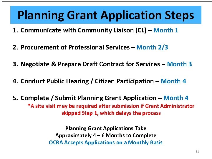 ____________________________________________________________ Planning Grant Application Steps 1. Communicate with Community Liaison (CL) – Month 1