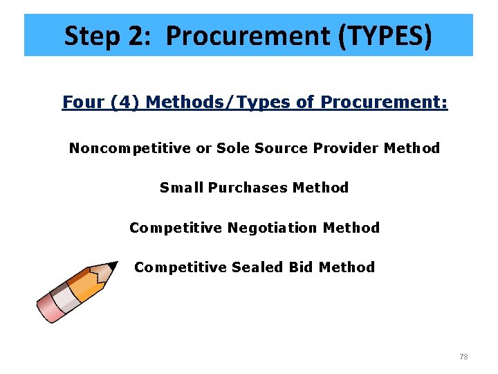 Step 2: Procurement (TYPES) Four (4) Methods/Types of Procurement: Noncompetitive or Sole Source Provider