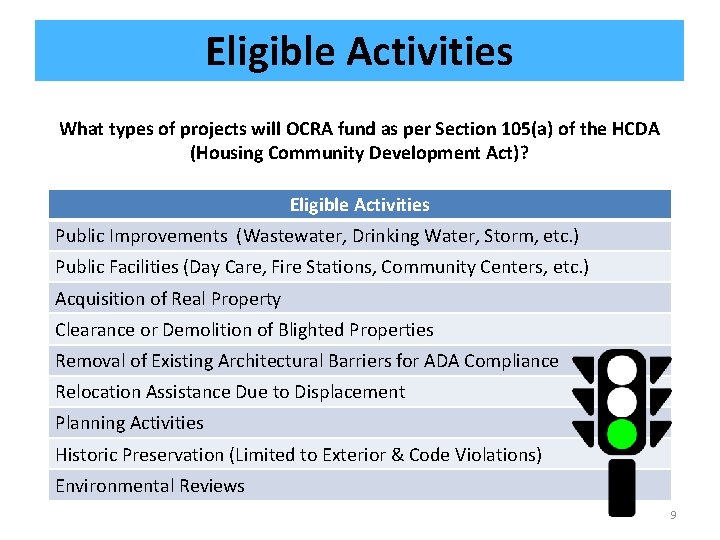 Eligible Activities What types of projects will OCRA fund as per Section 105(a) of