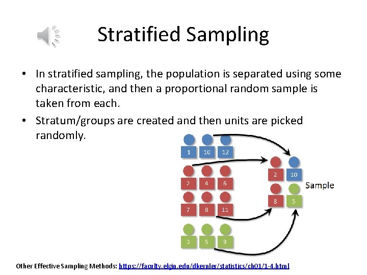 Stratified Sampling • In stratified sampling, the population is separated using some characteristic, and